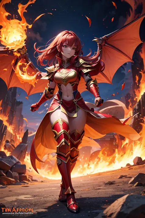 1 tall female wear a Pyro Dragon Armor, Tan Skin body, Fire Elemental, Cyber Spain Background, Red Flame Aura Body, Archon Power, Red Long Hair, Crimson Red Eye, Perfect Body, Holding Fire Dragon Greatsword, Energize mood, very detailed, Fighting stance, G...