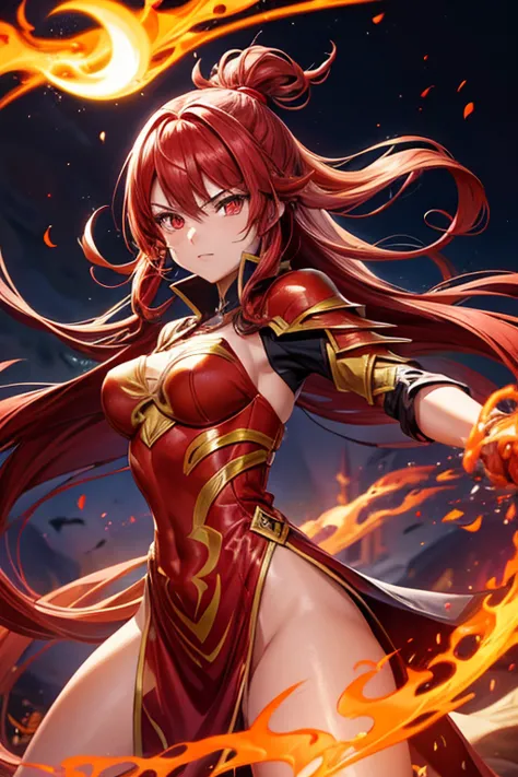 1 tall female wear a Pyro Dragon Armor, Tan Skin body, Fire Elemental, Cyber Spain Background, Red Flame Aura Body, Archon Power, Red Long Hair, Crimson Red Eye, Perfect Body, Holding Fire Dragon Greatsword, Energize mood, very detailed, Fighting stance, G...