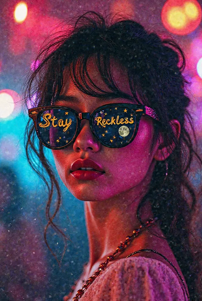 The model is wearing glGrungy Party Chaos – A collage of neon-lit party scenes, distorted typography, and a grainy film texture. The text says “Stay Reckless” in a bold, distorted font.ass sunglasses with stars and the moon on the glass