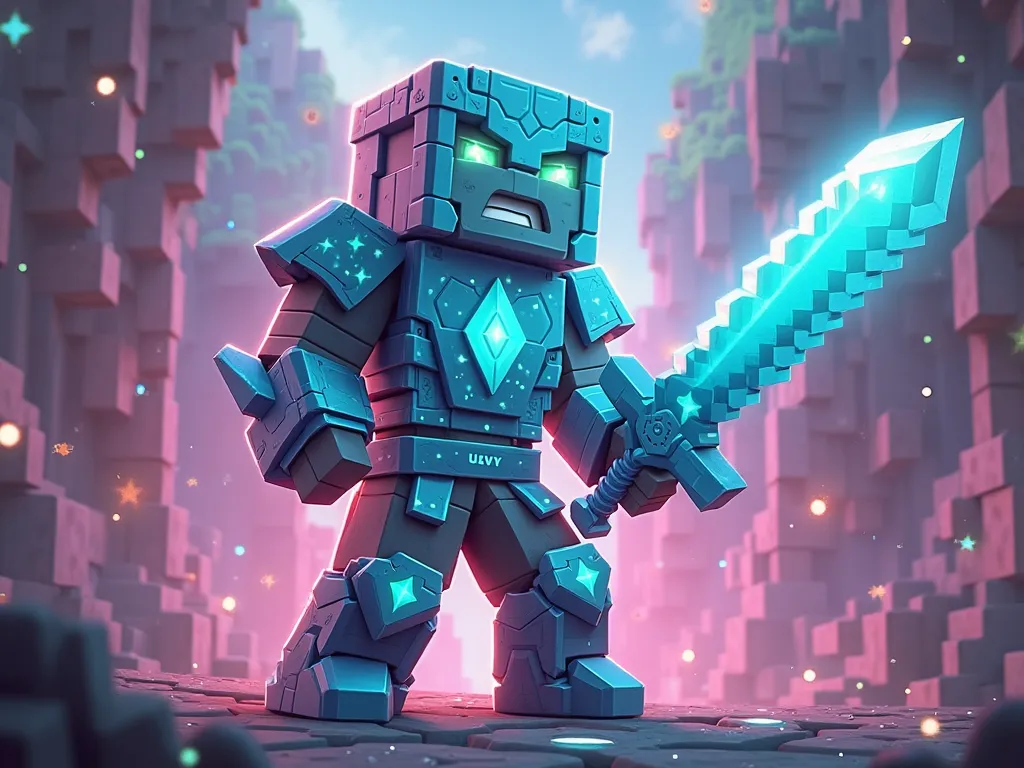 A minecraft chracter holding a diamond sword and wearing Diamond Armor and in background write joining Vibes Smp