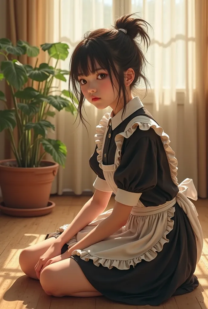 (photorealism:1.2), asian young woman, sitting on floor,maid costume, short messy long hair with pony tail, indoors, soft lighting, plant in background, window with sunlight, cozy room, resigned pose, realistic,full body,front model angle,intricate details...