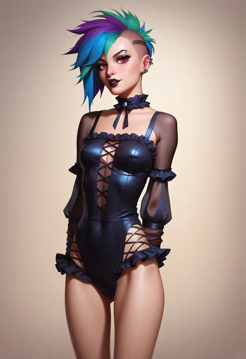 Solo, Rainbow dash, human, 30 years old, goth lolita dress, long punk haircut, cartoon style, slender, skinny, tiny boobs,