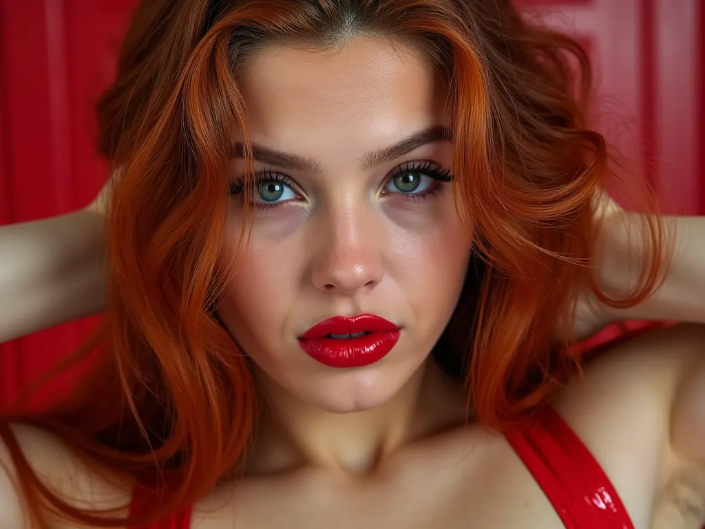 extreme close up portrait of face, elegant red hair, extremely shiny deep red lip gloss, eyeliner flicks, latex, dramatic slutty makeup, e-girl makeup