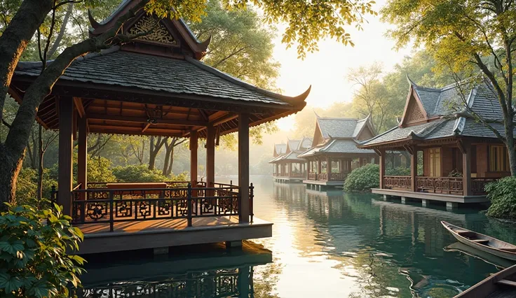 "Design a waterside Thai wooden gazebo with a traditional gable roof, finely carved wooden poles, wooden floors slightly raised from the water. There is a wooden balcony railing with Thai motifs. Inside the gazebo there is a long wooden bench for relaxing....