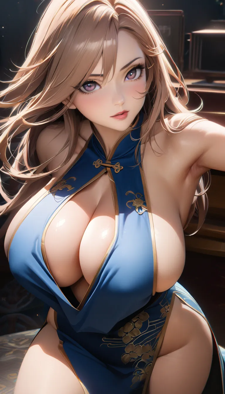  1girl ,Anime-style，Ultra HD 8K wallpaper，Photorealistic anime aesthetic，Seductive but elegant posing， (huge_breasts), looking at viewer ，（Ultra-revealing cheongsam design，Collarbone-to-underarm slit，Abdominal-exposing low hemline，Deep plunging neckline cl...