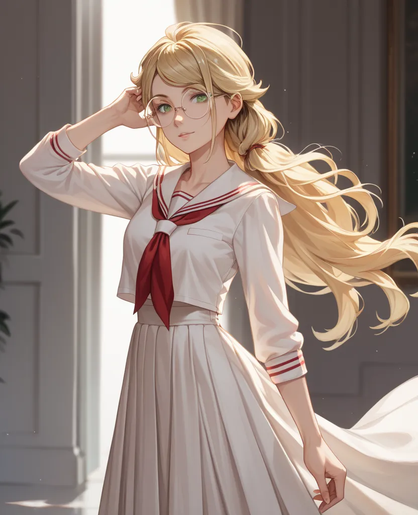 German,upper-class,glamorous,cute,tomboy,lady,elegant,(((Blonde,air intake hair,long hair))),emerald eyes.tsurime,1939s,standing,Wearing round glasses,Sailor 
school suit