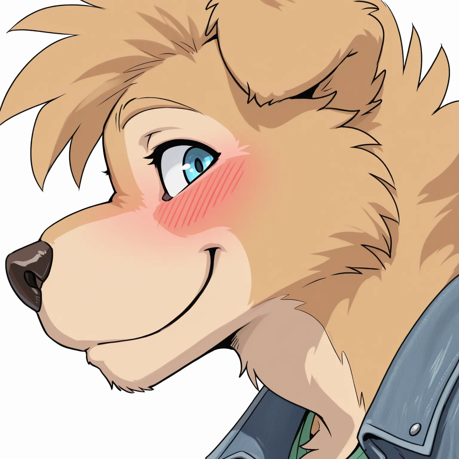 masterpiece, best quality, amazing quality, anthro golden retriever, light brown fur, wolf ears, male, solo, blue eyes, short hair, tall man, athletic, happy, white background, muscular, green shirt, blushing, face focus, wolf ears, denim jacket, profile, ...