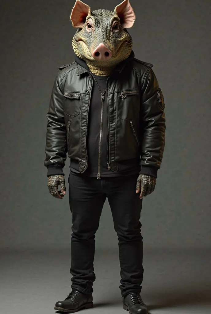 a man with a genetic disorder, male background,crocodile-headed,Human face,ears and nose like a pig, wearing leather jacket ,wears black pants and black shoes, face facing the camera very real image super quality visible from all sides