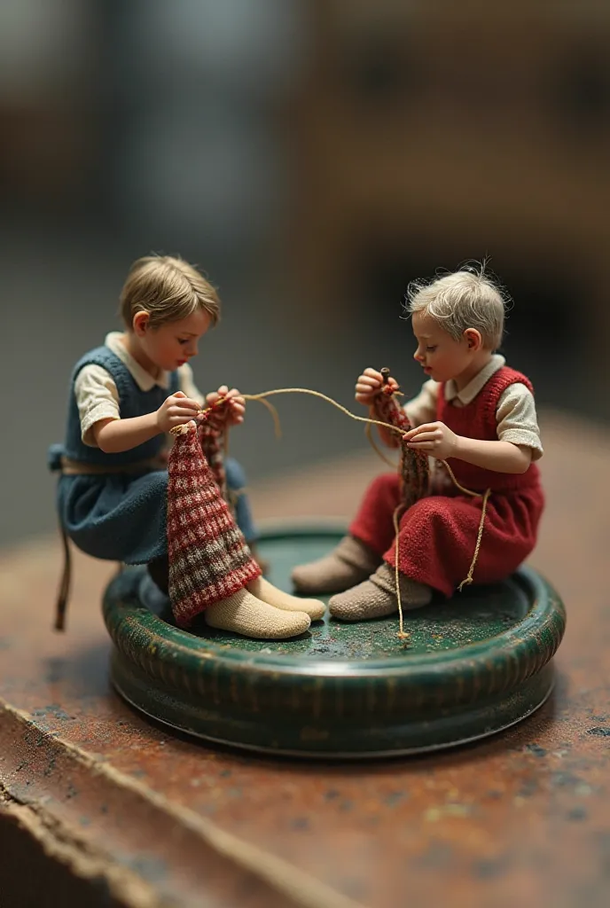 Create a hyperrealistic, in which tiny
little men - tailors, scene no larger than
bottle cap, scale they knit multi-colored socks together for an adult.
The scene is characterized by a strong contrast in, that makes an image visually