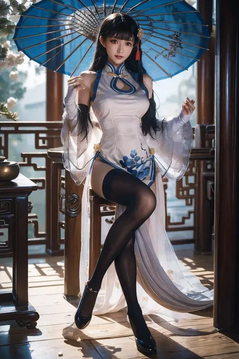 Top 4 Shot,Realistic details, HD ,1 Chinese Kung Fu Woman, Exquisite Face ,Blue Liu Hai Shuangzi Long Hair,Sexy breasts,Wearing Blue Butterfly Design Flagrobe,Nude Sexy Thighs,Elegant Body Movement,Professional portrait, natural light source, Soft Tone,Fin...