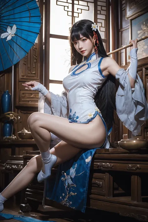 Top 4 Shot,Realistic details, HD ,1 Chinese Kung Fu Woman, Exquisite Face ,Blue Liu Hai Shuangzi Long Hair,Sexy breasts,Wearing Blue Butterfly Design Flagrobe,Nude Sexy Thighs,Elegant Body Movement,Professional portrait, natural light source, Soft Tone,Fin...