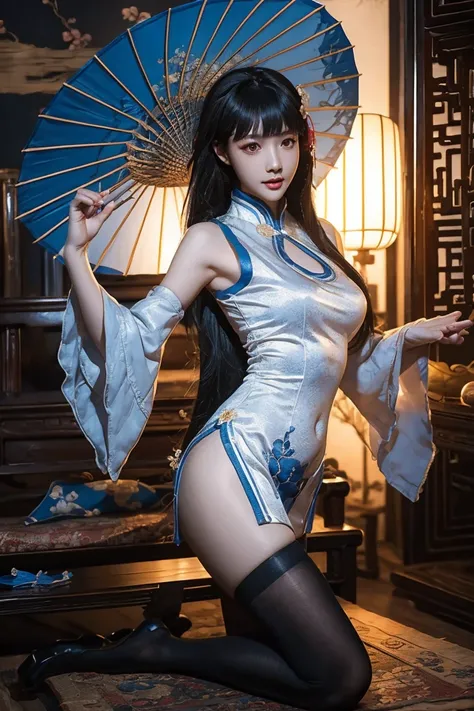 Top 4 Shot,Realistic details, HD ,1 Chinese Kung Fu Woman, Exquisite Face ,Blue Liu Hai Shuangzi Long Hair,Sexy breasts,Wearing Blue Butterfly Design Flagrobe,Nude Sexy Thighs,Elegant Body Movement,Professional portrait, natural light source, Soft Tone,Fin...