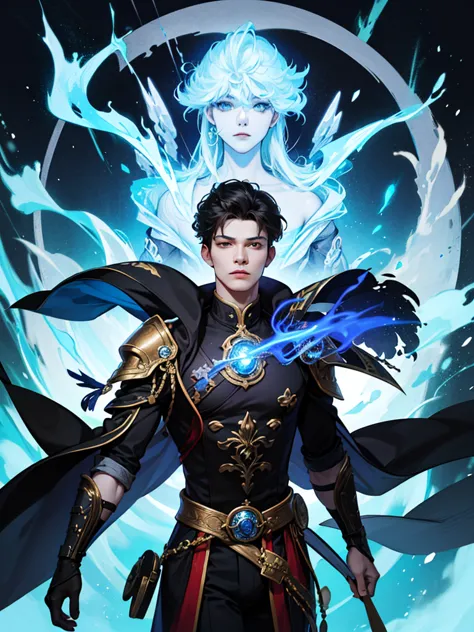 An epic image in the style art featuring animated manhwa style fierce young man with imperial atmosphere in mystical designed streamlined body-con black armor, short black hair. his hands is manipulating vibrant blue elemental magic. Blue ethereal aura swi...