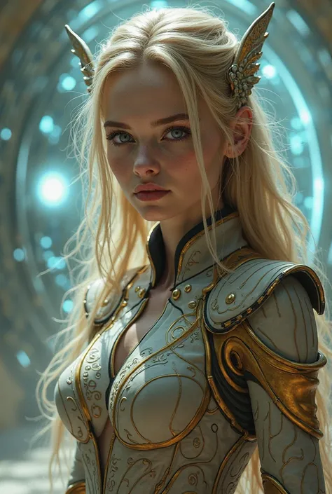 Portrait de Lyra, jeune femme blonde. CHRVRUX : BLONDS. Son regard est profond, empreint de sagesse et de mystère.

Elle porte une combinaison élégante au design futuriste, inspirée des traditions mais optimisée pour une symbiose parfaite avec la technolog...