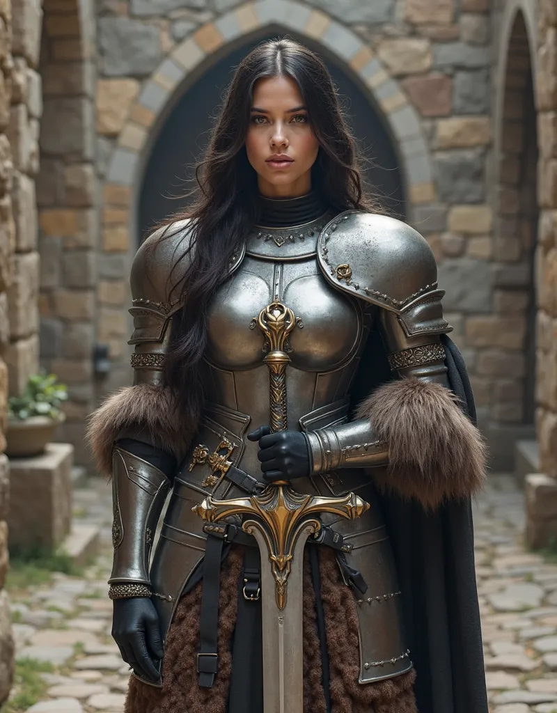 A female warrior stands confidently in a medieval stone courtyard, holding a large, ornate sword with both hands. She wears a form-fitting, metallic breastplate that accentuates her figure, paired with dark, fur-trimmed arm guards and a matching skirt with...