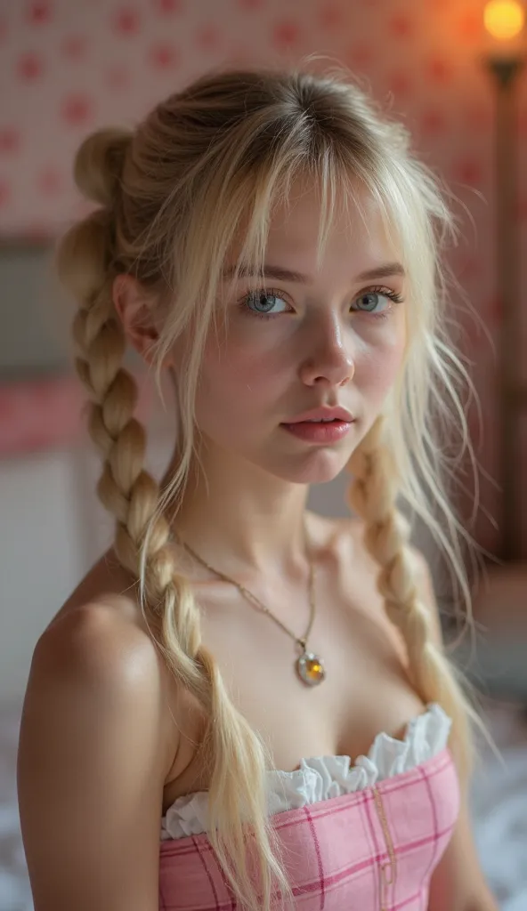  1 girl, sexy 18 year old,  naked girl, pigtails,  beautiful face, gorgeous,  beautiful,  beautiful,  beautiful face, pale skin, parts, blond hair, BLUE EYES,  full and shiny lips , big lips,  thick lips, half-open lips  ,  light pink lip gloss  , a mask, ...