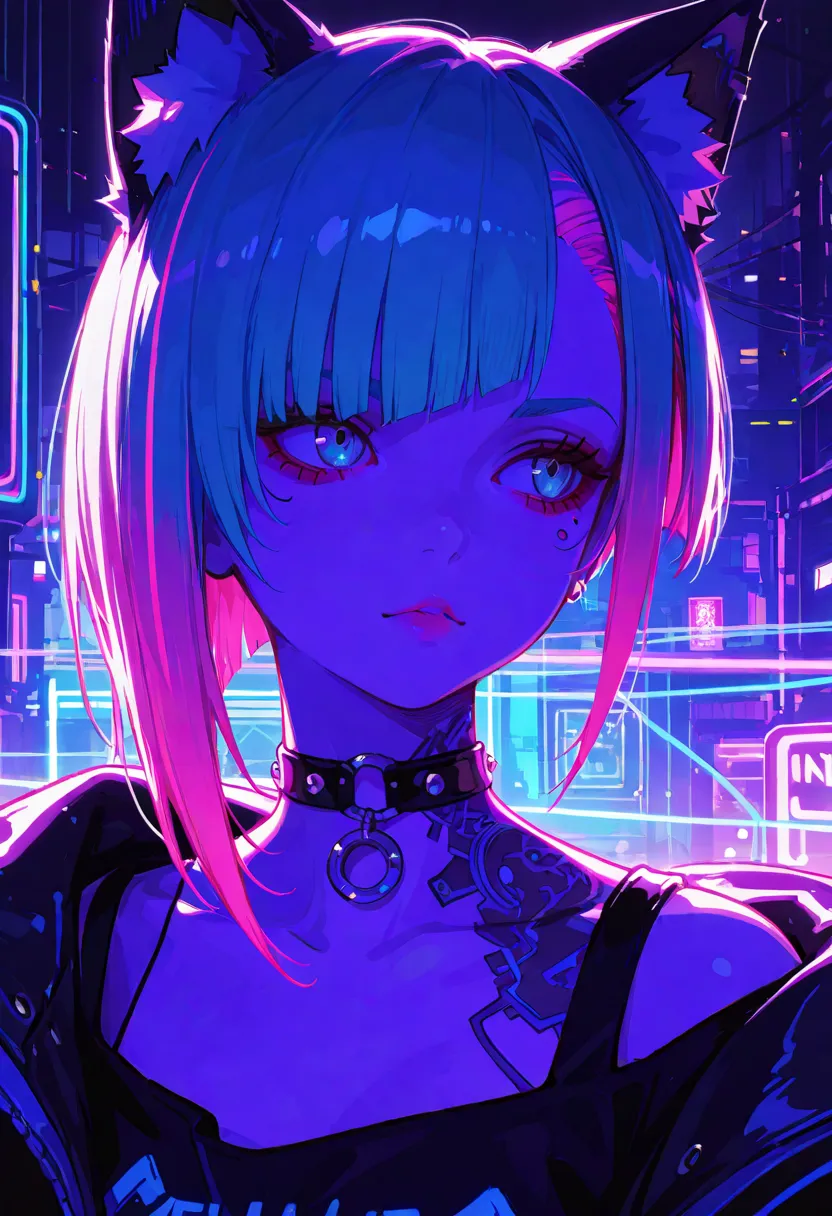 1girl, cyberpunk, punk style hair, asymmetrical haircut, cat ears, choker, neon colors, no_outlines, no lineart, 