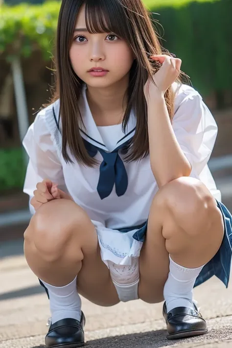 ((1 girl )),(school serafuku, ).21yo. , squatting ,front, from below, crotch focus ,(floating skirt), (micro white panties), medium brown hair, , slender, blush ,((masterpiece)), ((best quality)), ((ultra-detailed)), , ((an extremely delicate and beautiful...