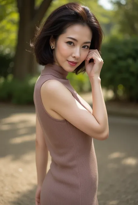 Beautiful middle-aged woman standing in a park (48 years old: 1.4), wavy black hair,Slender and long legs, fine laugh lines: 1.2, and a bewitching smile .   。SHARP FACE DETAILS ,  amazing beauty (ultimate beauty),  It features 、 (lipstick: 1.1), (eyeliner:...