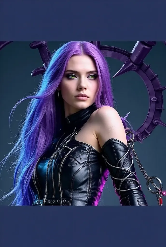  Hair: long, intense purple (or black with purple or lilac locks), with an intense shine and a very modern cut.  The hair can be loose , with soft waves, or tied in messy bows or even stripped braids, always maintaining a rebellious and stylish look.
	• Ey...