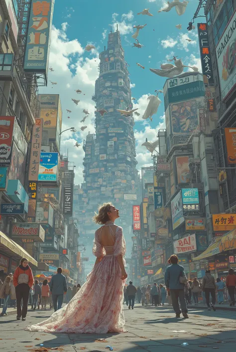 a city of video games, strange pixelated video game characters walk the streets, digital skies, an awestruck woman in an elaborate sheer costume walks the streets looking at the sights, wonder in her eyes
