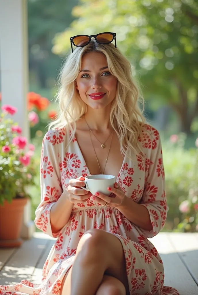 A photo-realistic shoot from a front camera angle about a young woman sitting on a porch with a cup of tea, wearing a light-colored dress with red floral patterns and sunglasses on her head. the image also shows a bright and sunny outdoor setting with lush...