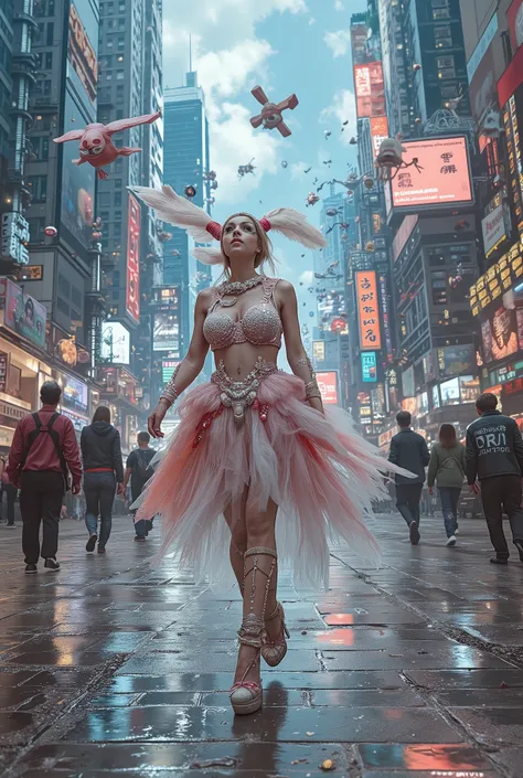 a city of video games, strange pixelated video game characters walk the streets, digital skies, an awestruck woman in an elaborate sheer costume walks the streets looking at the sights, wonder in her eyes