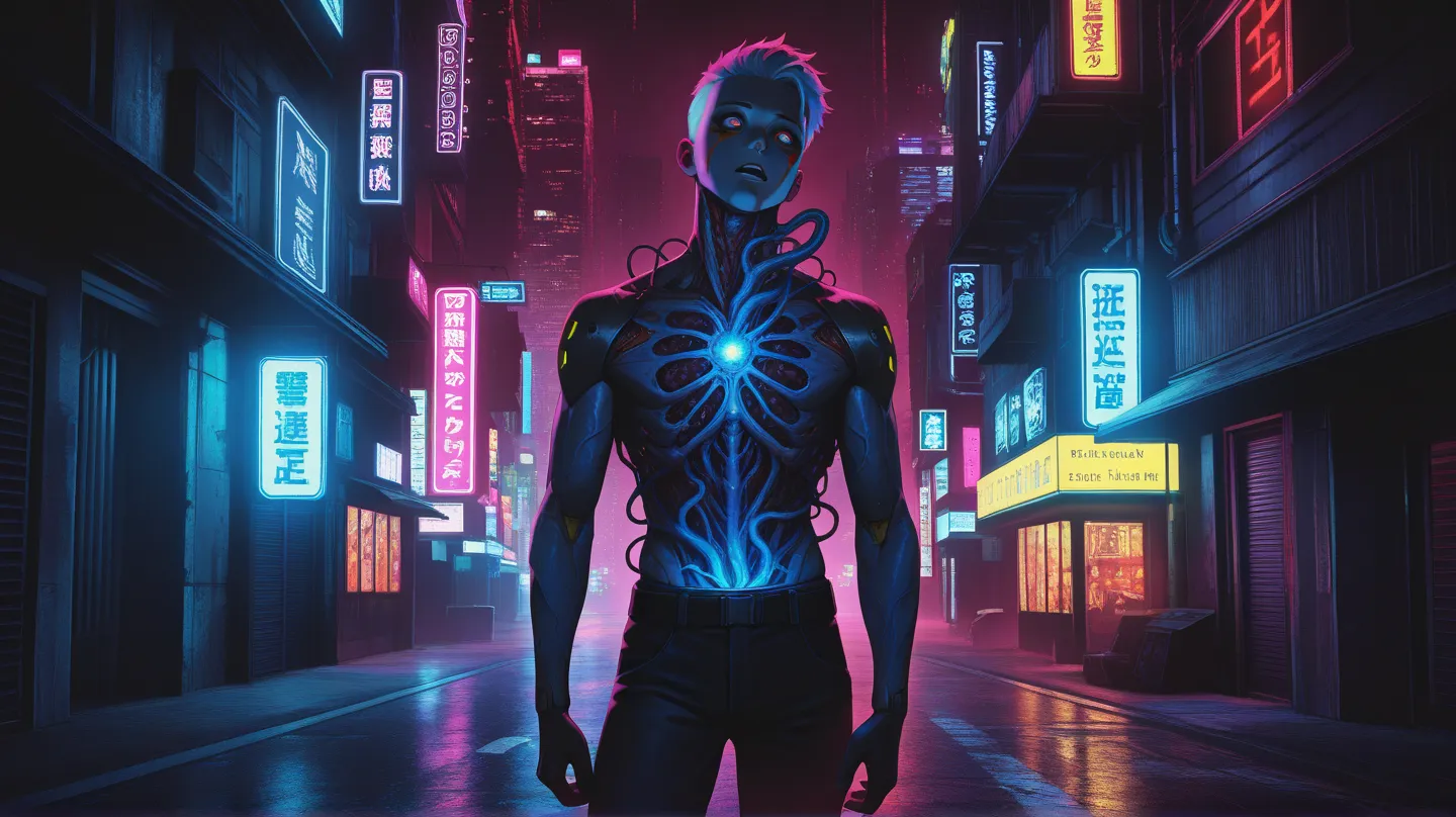 anime screencap, body horror, cyberpunk, horror, colorful, detailed 3D render, cinematic lighting, striking contrast, eerie atmosphere, unsettling ambiance, gritty cyberpunk aesthetic, neon-soaked cityscape, tormented humanoid figure, enlarged veins,pulsat...