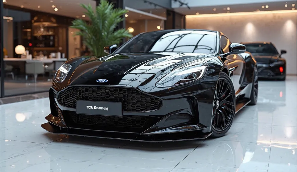 create an ultra-detailed 3D render  (close front view, )of a modern(2025 ford puma  )with a bold designy  looking long like limousine captured from (front )The car should feature a 'Gleamy oily (black) color and black accents with a (2025 ford puma)logo on...