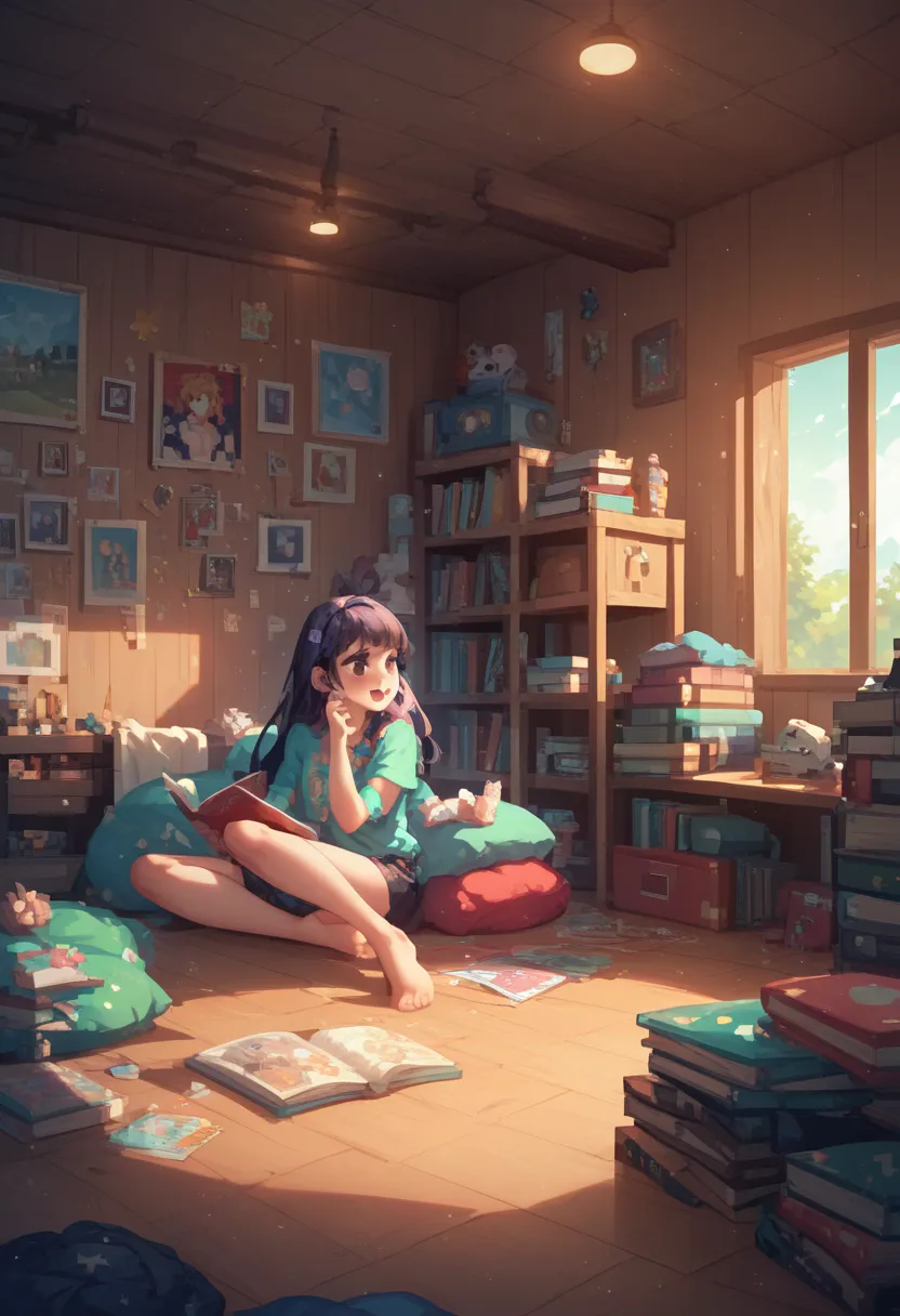 Super Famicom style picture、girls、deformed、messy room、Room with lots of stuff、 room with lots of books 、 calm