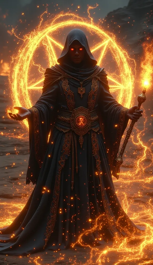 Close-up, a fantasy-style sorcerer representing the zodiac sign Scorpio. He stands in the center of a burning pentagram in the desert, his muscular body cloaked in a black hooded robe. His eyes glow red, and in his hands, he holds a staff topped with a cry...