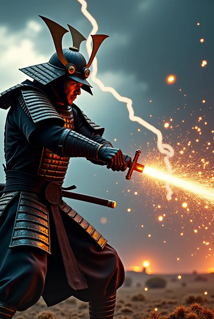 A dramatic slow-motion moment of a samurai swinging his sword at an enemy, caught just before impact. The scene is intense, with sparks flying from the clash of blades. The background features a deep, stormy sky with lightning illuminating the battlefield....