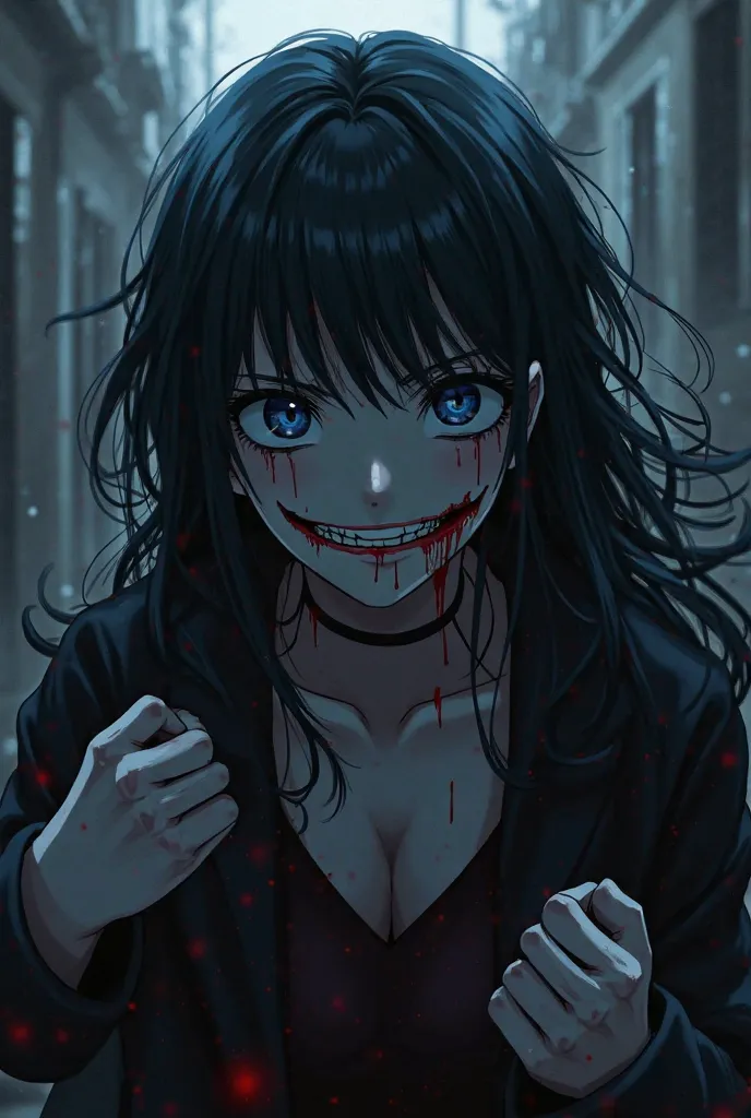 Create for me a murderous anime character with a malevolent smile stained with blood on his face and with black hair and blue eyes