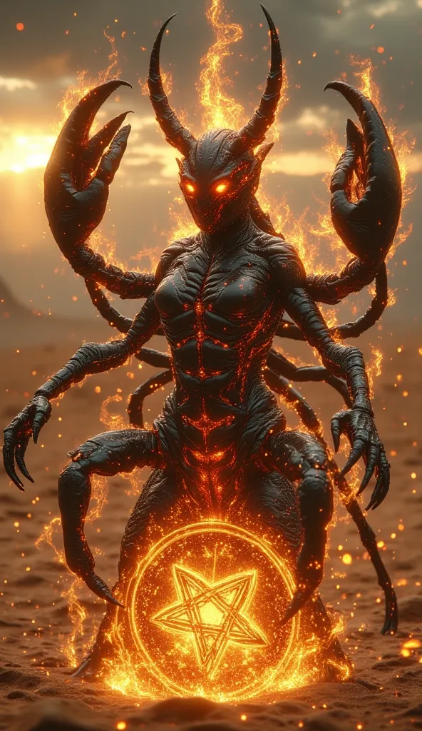 Close-up, a giant scorpion in fantasy style representing the zodiac sign Scorpio. It stands in the center of a burning pentagram in the desert, its exoskeleton gleaming, and its eyes burning with red light. Its claws and tail are ready to strike, and sand ...