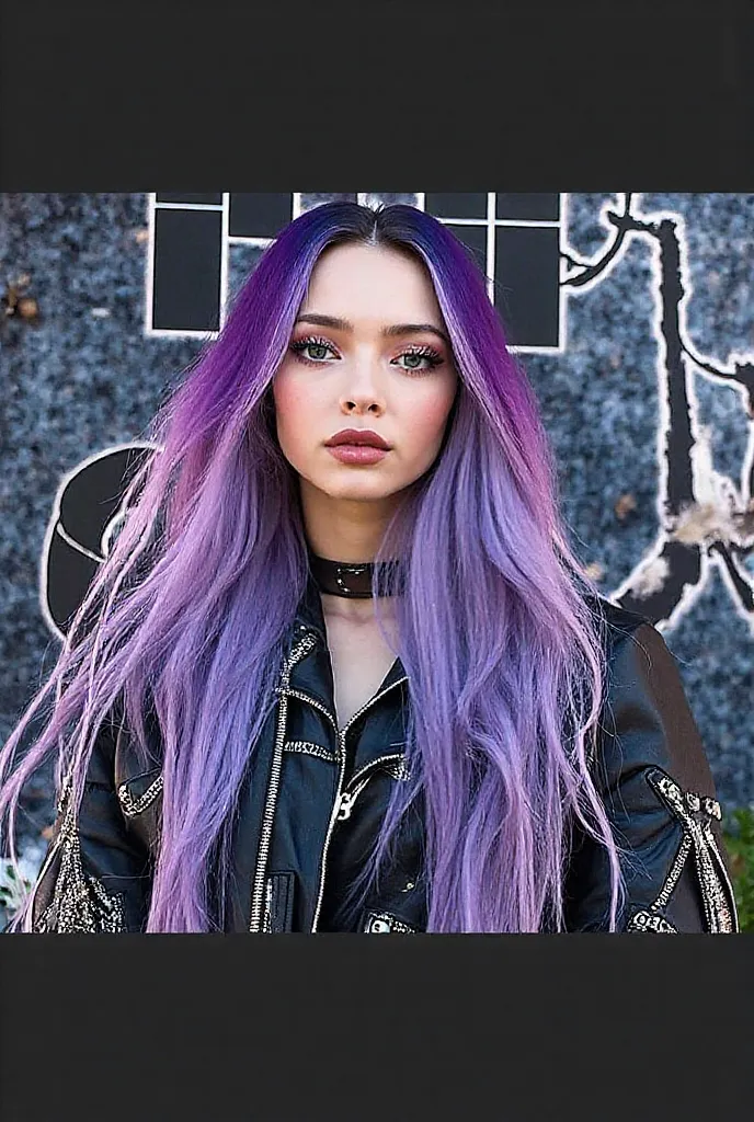  Hair: long, intense purple (or black with purple or lilac locks), with an intense shine and a very modern cut.  The hair can be loose , with soft waves, or tied in messy bows or even stripped braids, always maintaining a rebellious and stylish look.
	• Ey...