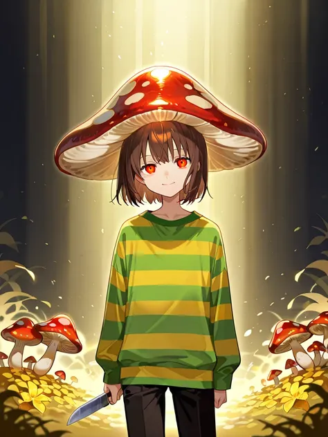 Red eyes, girl, holding a knife, yellow-green striped shirt with thicker stripes, red eyes glowing red, head tilted, short brown hair mushroom head, with a clear smile on his face, Chara, two-dimensional, standing among golden flowers with a ray of light a...