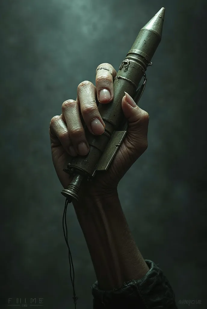 A picture of a hand holding a missile fuse with only three fingers and two fingers do not hold the fuse