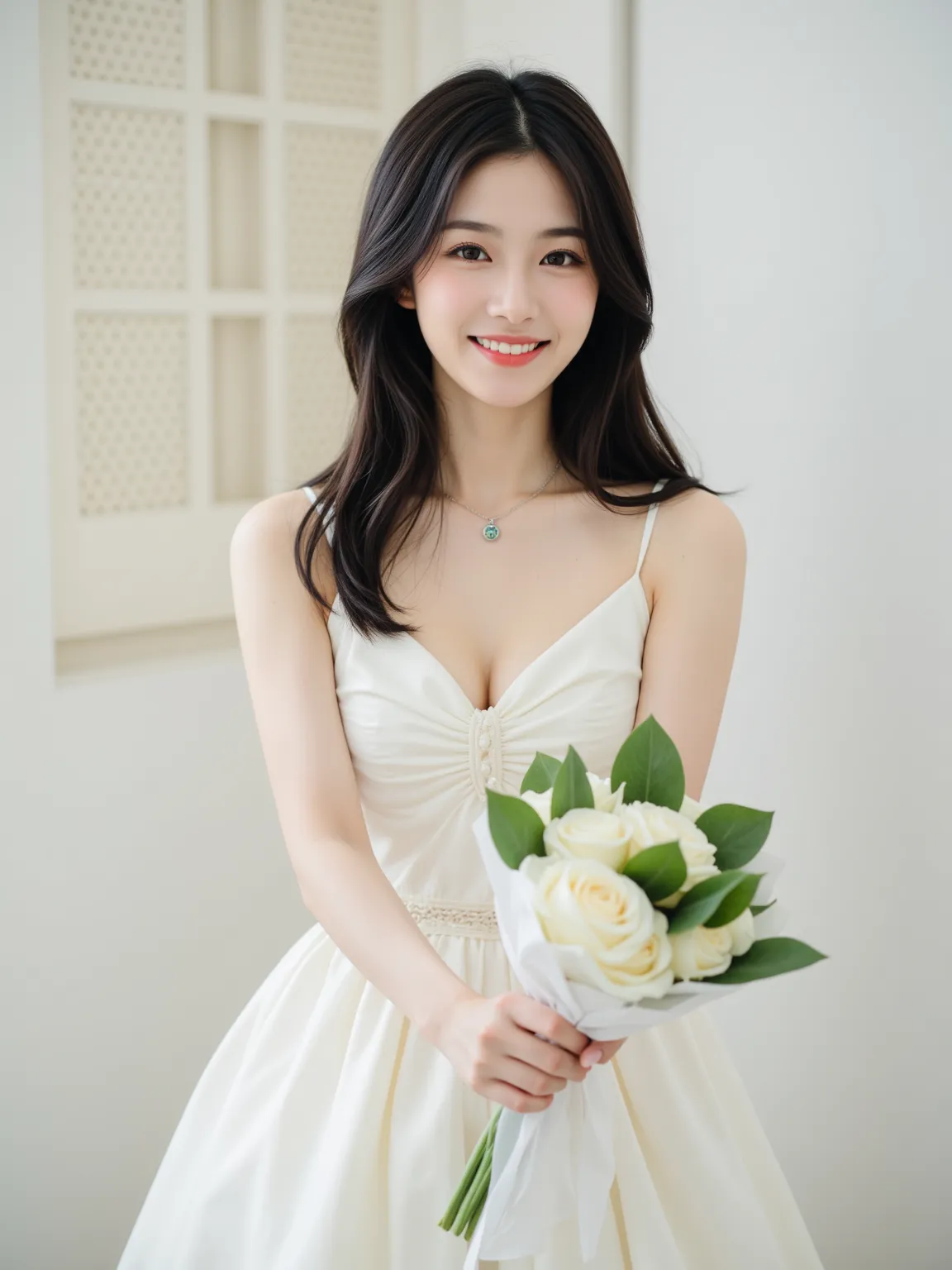 A beautiful young Japanese woman in a gorgeous white dress.
With a big smile on her face, she is holding out a bouquet of flowers of gratitude with outstretched hands. The bouquet is beautifully wrapped.
Composition seen from the bouquet. Fisheye lens. Clo...