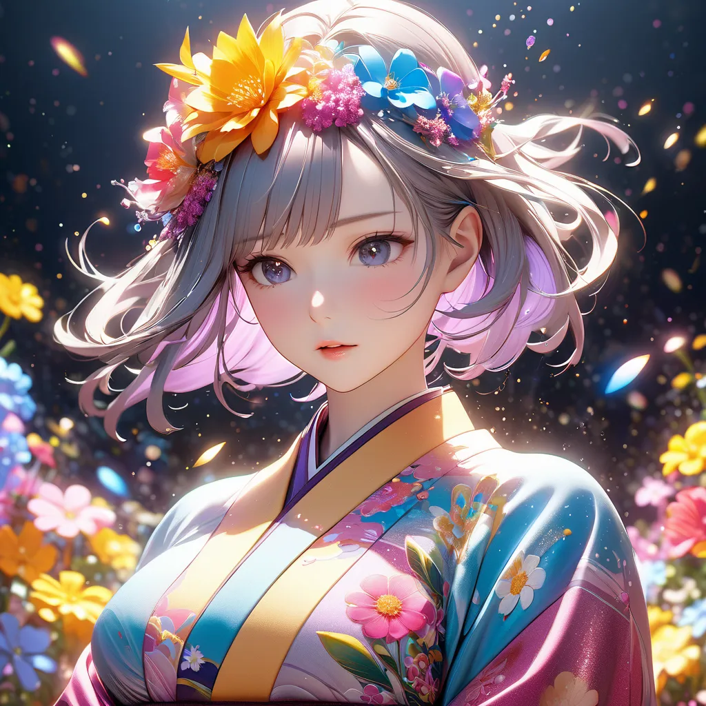 Beautiful girl wearing a kimono,Bust up,8k octane,  decorative art, glitter effect,psychedelic、Flower Movement、bust up、Reality, 