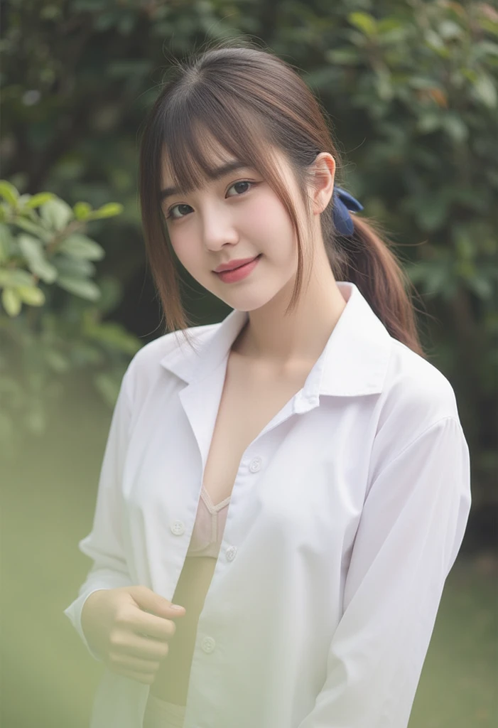 Asian girl with blunt bang hair, tied in a low ponytail with a small navy ribbon. She wears a white school shirt, light-colored simple bra visible beneath her subtle shirt. She is smiling shyly and her hand unbotoon shirt. The background is dormg, creating...