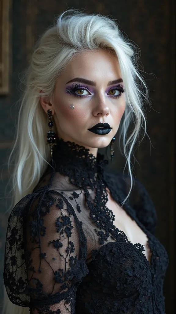 This image depicts a mysterious and gothic-inspired woman, brown eyes, radiating elegance, drama, and a high-fashion aesthetic.

Description:
1. Facial features and expression:
• She has a sharp, ethereal beauty, with high cheekbones, full lips, and an int...