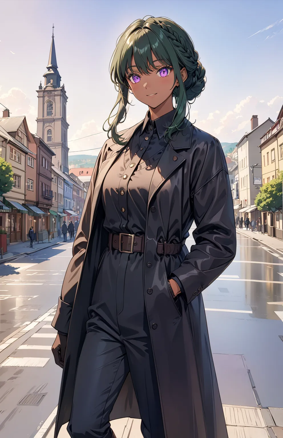 (((UHD, super detail, best quality))), Alone, anime style, woman, tall of a woman, dark green hair、french braid、(purple eyes)、Delicate depiction of eyes, slant eyes, sharp look, keen eyes, sharp eyes, (black long coat)、black shirt、Black skinny pants、black ...