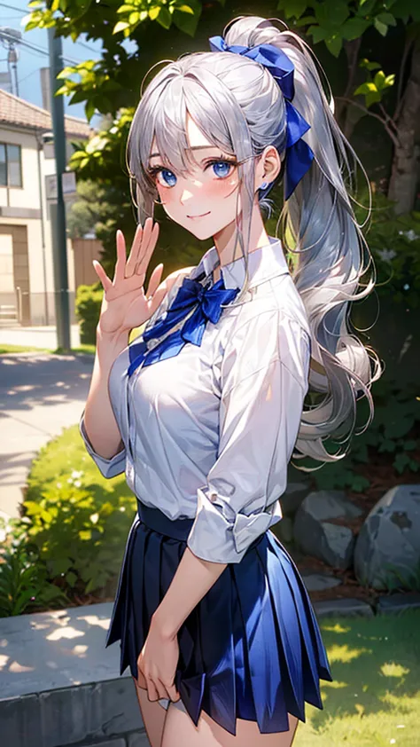 (masterpiece:1.2, top-quality), (realistic, photorealistic:1.4), beautiful illustration, looking at viewer, full body, front view:0.6, 
1 girl, japanese, high school girl, (long hair:1.5, ponytail:1.5), (detailed silver whitehair:1.3, sapphire blue eyes:1....