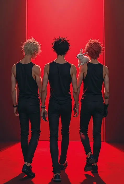 Men with semilon hair、Black tank top、Rear view of walking towards the LIVE stage with a red base、A rabbit on the shoulder