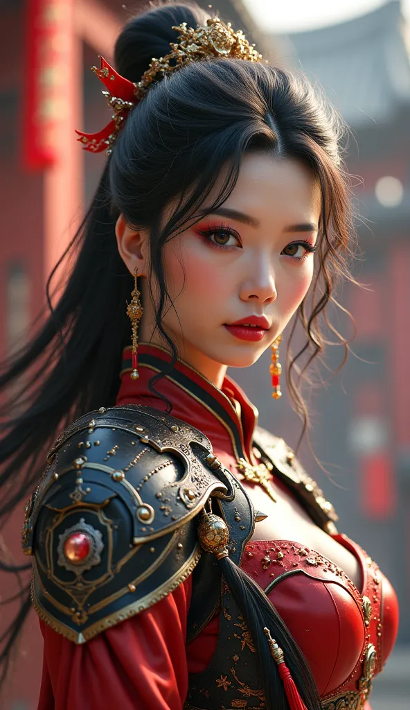 High quality, extremely detailed depiction, major级, Realism油画, MechWarrior, Mech Warrior, Powerful force, Grim look, Sharp sight, armed with a cold light sword, Ready to go,  rich and full ,  lusty mature woman, exquisite makeup, Charming and enchanting , ...