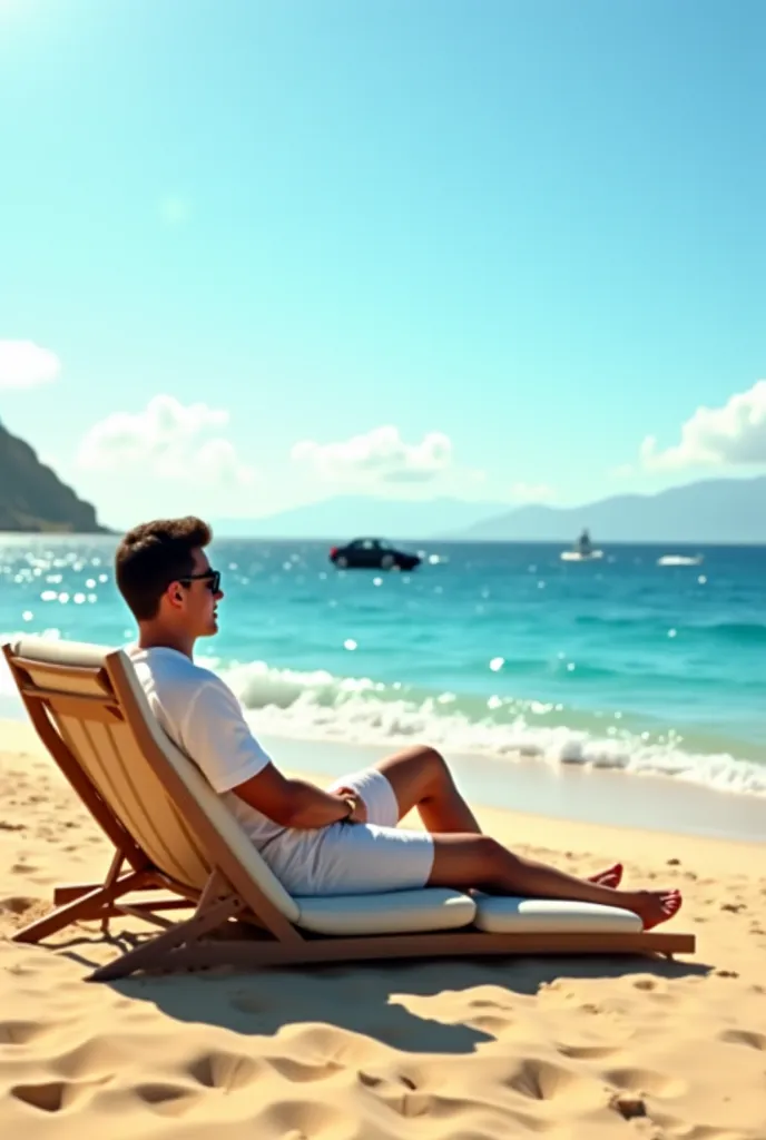 "A highly attractive and stylish young man with a fit physique is relaxing on a luxurious beach chair, enjoying the breathtaking ocean view in front of him. He is dressed in a modern, casual yet classy beach outfit—such as a light-colored linen shirt, styl...