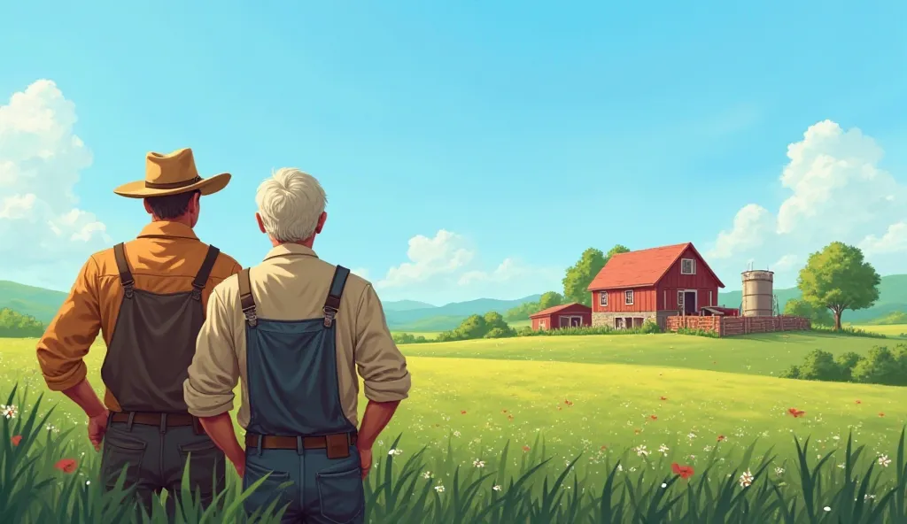 An old farmer and a young man standing together, overlooking a thriving farm – The two figures stand side by side, the older man nodding approvingly while the younger man gazes at the land he has rebuilt. The sky is bright blue, the fields green and full, ...