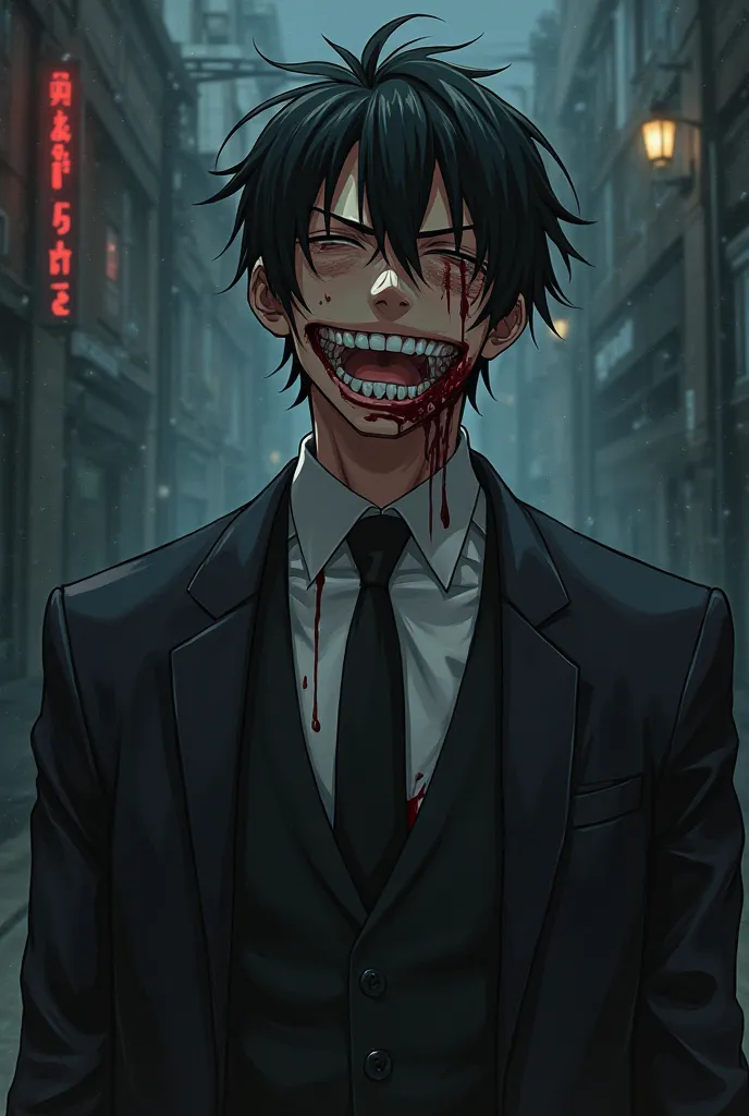 Create for me an anime character a murderer man with blood on his cheek laughing and wearing a hit man's outfit 