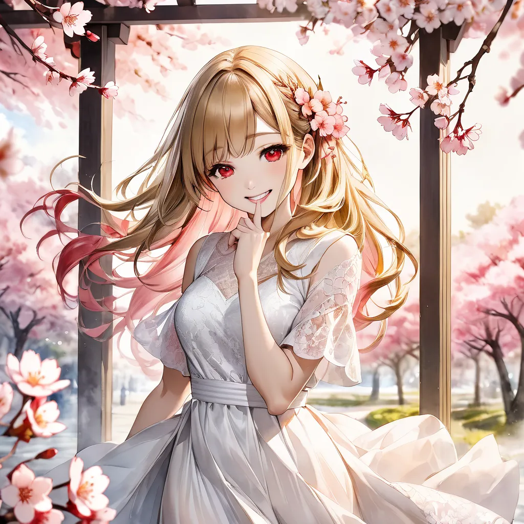 ultra realistic white lace dress、red eyes、 Gold、Bronze Hair、long hair、flower hair ornament、watercolor画、watercolor、Blur color 、Cherry blossom trees、turn around here、 Smile、 Sakurabuki、Biting his finger