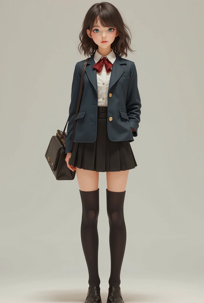 Cute 18 year old s, high heel suede thigh high heel boots and black skirt, classique outfit pour l’école, corps maince, cute little face with blue eyes, wavy hair, American full body plan